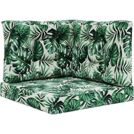 Ensemble de trois coussins pour canapé d'extérieur, motif feuilles, en polyester. (1/5)