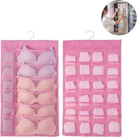 Sac de rangement suspendu avec cintre en métal, organisateur de rangement suspendu double face pour sous-vêtements, bas, soutien-gorge et chaussettes (12+24 poches) (1/4)