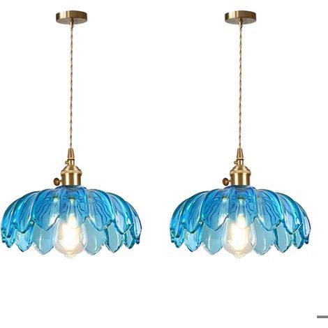2pcs Moderne Suspension Luminaire en Verre,25cm Lampe Suspension Vintage Abat-jour en Design Fleur Bleu avec Interrupteur (1/5)
