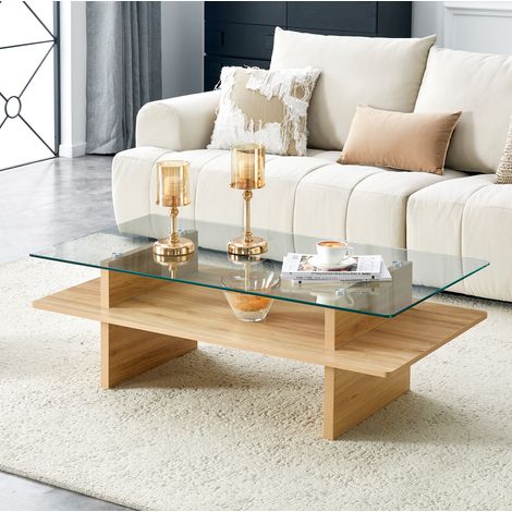 Table basse moderne couleur bois en MDF avec plateau en verre trempé et double niveau (1/5)