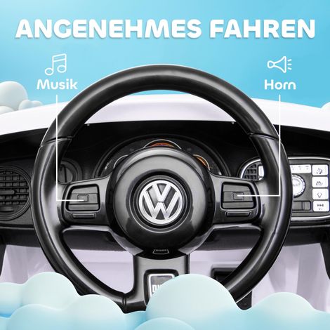 Vélo électrique pour enfants, Volkswagen Coccinelle, vitesse 3-5 km/h, avec télécommande et musique, blanc. (1/5)
