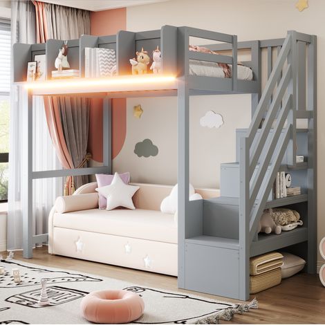 Letto a soppalco 252.5x95x170 cm, con sponde di sicurezza, LED, scala con spazio contenitore, legno, grigio (1/5)