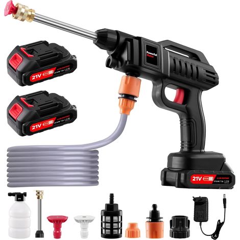 1500W Nettoyeur Haute Pression sans Fil avec 2 2000mAh Batterie 21V Portable avec 2 Buses 0°40° et 5m Tuyau Connecteur Pot en Mousse Nettoyeur à Pression pour Voiture (1/5)