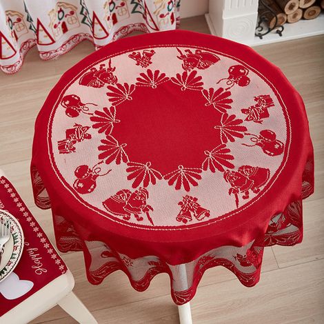 Nappe De Table Ronde - Motif Noël - Dentelle Rouge - Polyester - 100 x 100 cm - Pour Table À Manger Café Ou Extérieur - 1 Pièce (1/5)