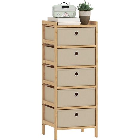 Commode à 5 tiroirs en tissu, structure en bambou, idéale pour les petits espaces, coloris crème et naturel. (1/5)