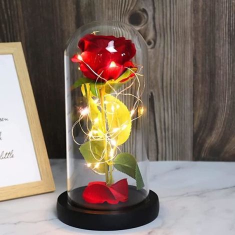Rose artificielle - - Dôme en verre - Rose rouge - Lumière LED - Cadeau idéal (1/4)