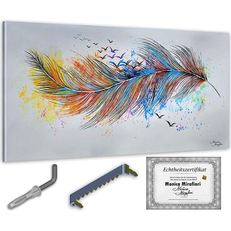 Monica Mirafiori  100 % PINTADO A MANO  Cuadro Pluma 140 x 70 cm  Cuadro pintado a mano  Pintura acrílica  Cuadro acrílico de gran tamaño  Arte moderno  Cuadros artísticos (1/5)