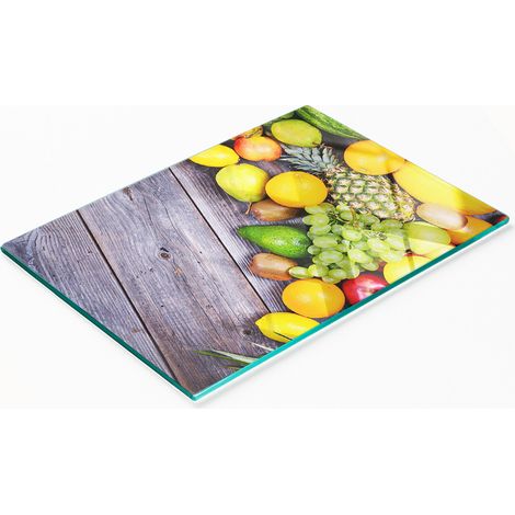 Planche de service en verre avec motif de fruits sur fond bois 80x52 cm (1/5)