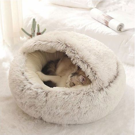 Panier/lit apaisant pour chat 40 cm Marron - Fourrure ultra-douce, semi-fermé, fond antidérapant et imperméable (1/5)