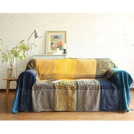 Coton Couverture canapé Simple, Tricotées Couverture à Franges, Double Face Patchwork, Couverture Chaude de décoratifs pour Home Office Voyage(Tibet Blue, 150 190CM) (1/5)