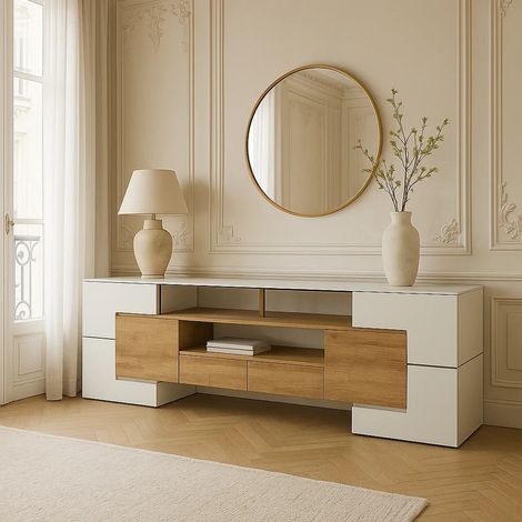URBAN MEUBLE Vitrine de rangement blanc brillant et bois avec éclairage LED 200x30x60,7 cm (1/5)