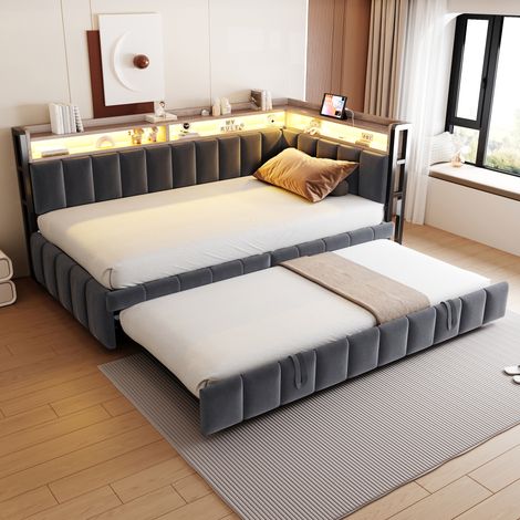 Lit banquette - 90x200 cm - éclairage led - usb et usb-c - sommier à lattes - velours - lit gigogne - gain de place - gris foncé (1/5)