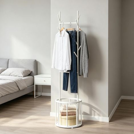 Porte-manteau en forme d'arbre autoportant avec panier de rangement – porte-manteau design moderne pour entrée, chambre ou bureau (1/3)