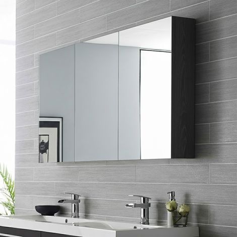 Hudson Reed Quartet Charcoal Black Woodgrain 1350mm 3 Door Mirrored Cabinet - QUA011 (1/4)