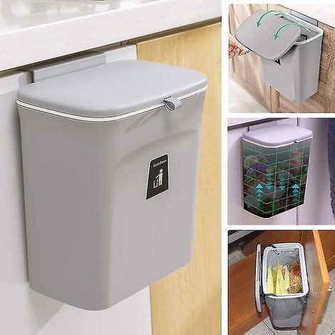 Großer Wandabfalleimer mit Deckel, Türhänger für Küchenschränke, Recyclingbehälter NS2-7L – Grau (1/5)