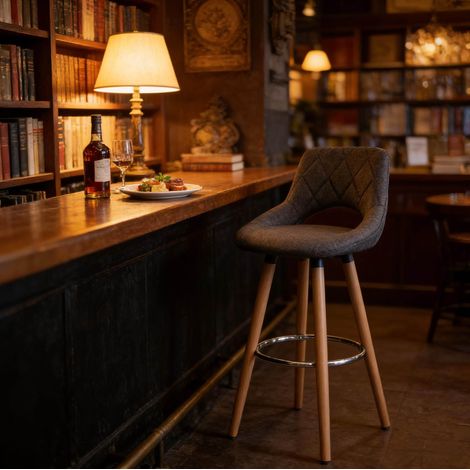 Sgabello da bar, seduta ergonomica con schienale, piedini antiscivolo, gambe in legno massello, lino grigio scuro (1/4)