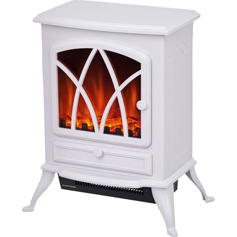 HOMCOM Freestanding Fireplace Flame Effect Electric Heater Log Burning White (1/5)