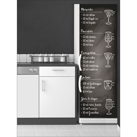 Sticker mural décoratif pour réfrigérateur – Recettes cocktails Pina Colada, Cosmopolitan, Gin Tonic – Dimensions 59,5 cm X 180 cm – Adhésif noir – Plage