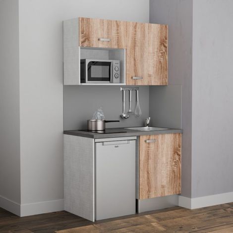 Kitchenette K07L-PT - 120 cm avec plan de travail et évier, emplacements frigo et micro-ondes - Façade Bois - Plan Gris béton - Evier Inox - Crédences Non