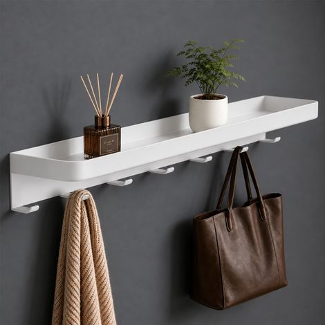 Mai & Mai Mensola da Parete con 7 Ganci, Mensola Doccia in Metallo, Installazione con Foratura o Adesivo, Mensola da Appendere per Bagno, Cucina, Ingresso e Camera da Letto, 50cm, Bianco, Reglo-20 (1/5)