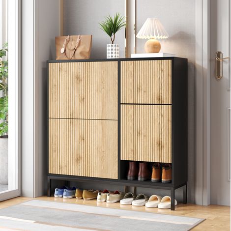 Zapatero con banco extraíble, capacidad para 12-16 pares, 3 compartimentos abatibles y balda abierta, en MDF negro y madera clara, para recibidor y dormitorio  CHICFURN (1/5)