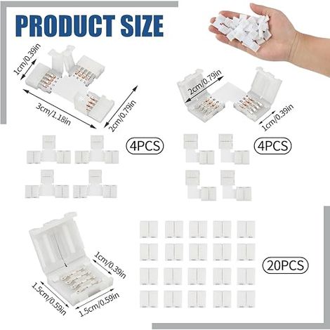 Connecteurs LED 10mm Rubans LED RGB SMD 5050, Connexions en T, en L et Droites 4 Broches 10mm 4 Broches Raccord Bande LED Sans Soudure pour Installation (1/4)