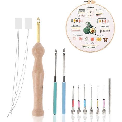 Kit de 12 aiguilles à poinçonner, outil de broderie à manche en bois, aiguille à poinçonner réglable