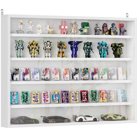 Vitrine murale pour objets de collection 4 étagère réglables en hauteur et 2 portes coulissantes 80 x 9,5 x 60 cm blanc