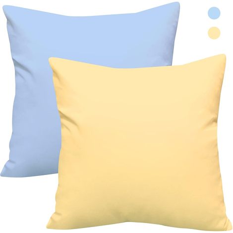 Housses de coussin en coton lavé,lot de 2 taies d'oreiller carrées décoratives (45x45 cm),taie d'oreiller douce avec fermeture éclair invisible pour salon,canapé,chambre (jaune clair et bleu ciel) (1/5)