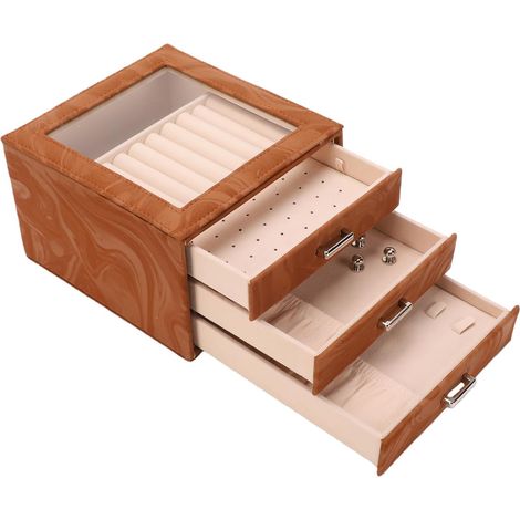 3-Layer Jewelry Box Organizer, Large PU Leather Earring Holder with Transparent Lid, Velvet Storage Drawer for Necklaces and Rings (1/5)