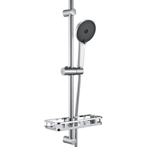 AURALUM MAX Barre de douche avec étagère, douchette 5 jets et flexible – Barre de douche de 70 cm en acier inoxydable chromé (1/5)