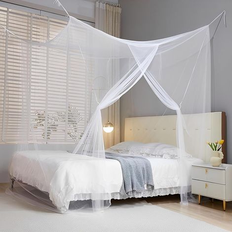 Moustiquaire pour lits simples à king size – modèle carré avec ouverture sur un côté – grande moustiquaire blanche pour lit à baldaquin, chambre ou camping – 200 x 220 x 200 cm (1/5)