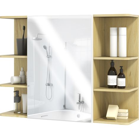 Armoire murale salle de bain avec miroir, meuble salle de bain avec étagères ouvertes, 80 x 20 x 59 cm, bois naturel (1/5)