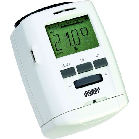 VEMER VE740700 THERMOPRO – Valvola Termostatica per Termosifoni, Cronotermostato Radiatori a Batteria AA con Programmazione Settimanale, Manuale/Automatico, Compatibile Valvole M30 x 1,5, Bianco