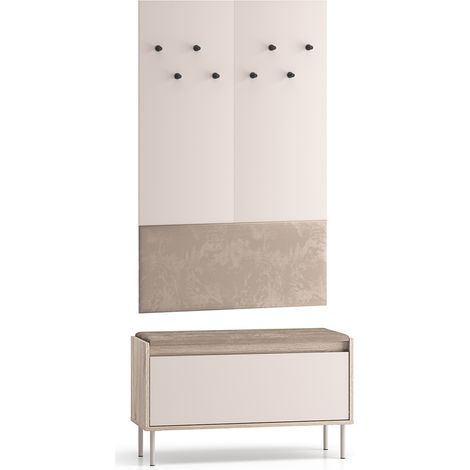 Mobile d'ingresso Alos Cashmere e Legno con appendiabiti e panca per scarpe lunga 1 anta