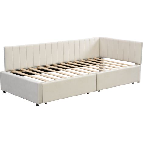 Lit Banquette Lit Simple avec 2 Tiroirs, Dossier Réversible, 90×200 cm, sans Matelas, Tissu Velours Beige (1/4)