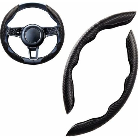 Funda para volante deportivo, redonda y en forma de D, universal, de gamuza y fibra de carbono, transpirable, antideslizante, 38 cm (15"), color negro. (1/3)