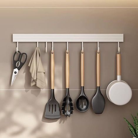 Porte-ustensiles de cuisine 40 cm avec 8 crochets, barre de rangement murale en aluminium sans perçage pour suspendre cuillères spatules serviettes blanc (1/4)