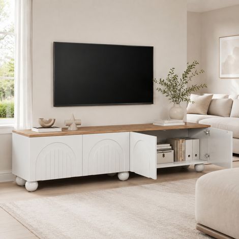 MEUBLIV Mobile TV 180 x 40 x 45 cm bianco e legno – 4 ante, 6 piedi in metallo (1/5)