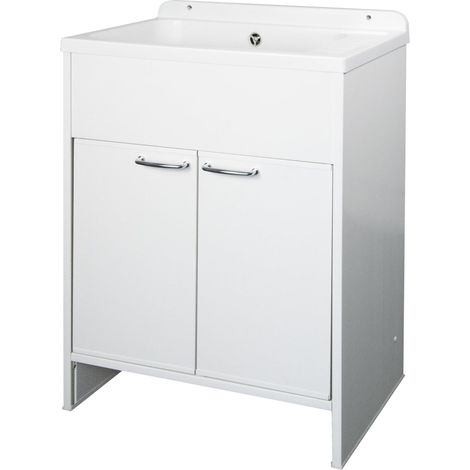 Lavabo économiseur d'espace en résine PVC, résistant à l'humidité, baignoire résistante aux acides d'usage courant, kit d'échappement avec piletton en métal, L58 x P38 x H85 cm, blanc (1/5)