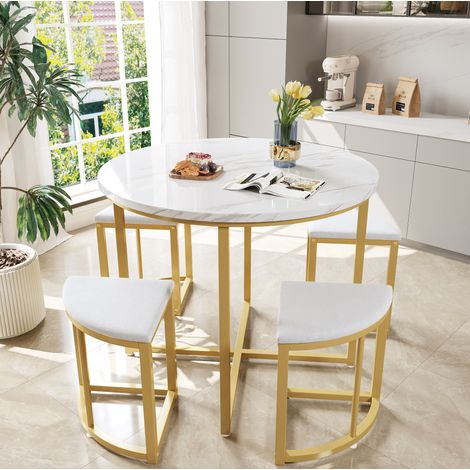 Set tavolo rotondo 80 cm con 4 sedie, MDF e metallo, bianco e oro DESVIAE (1/5)