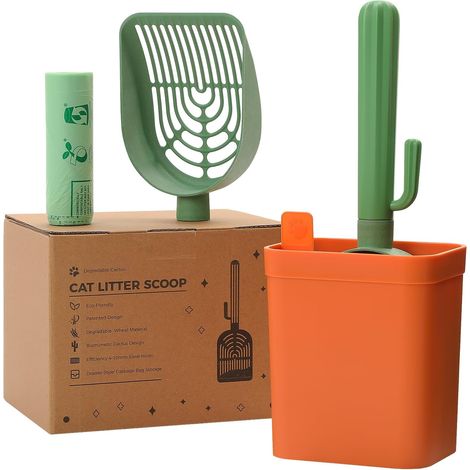 1 - Pelle à litière - Support de rangement - Tête biodégradable et poignée ABS - Filtrage segmenté 4-9mm pour tous types de litière - Vert cactus - 25x10cm (1/5)