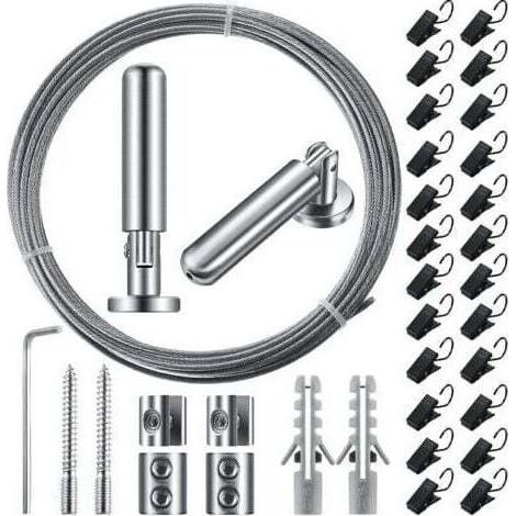 Tringle à rideau en fil métallique de 5 m (196 pouces) avec 24 clips réglables pour rideaux, décoration murale, photo, artisanat, fenêtre (1 ensemble) (1/5)