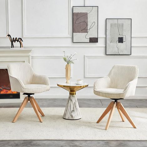 Lot de 2 chaises pivotantes en velours blanc cassé et pieds bois (1/5)