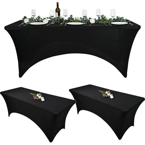 Lot de 3 nappes de table extensibles noires de 1,80 m (6 pi) en spandex, en polyester, de forme rectangulaire, idéales pour les mariages, les cocktails et les fêtes d'anniversaire.