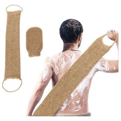 2 Pièces Gants Exfoliants en Jute et Sangle Lave Dos en jute, pour bains du dos corps et visage femmes et hommes (1/4)