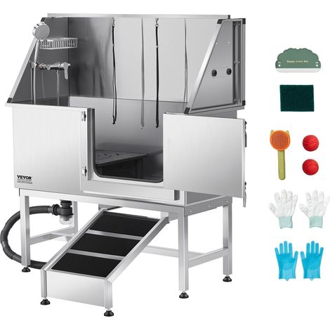 Baignoire de Chien Acier Inoxydable, Baignoire de Toilettage pour Animaux de Compagnie 127 cm Station de Lavage Chat, avec Rampe, Panneau Filtre à Eau, Robinet, Pommeau de Douche, Porte Droite (1/5)