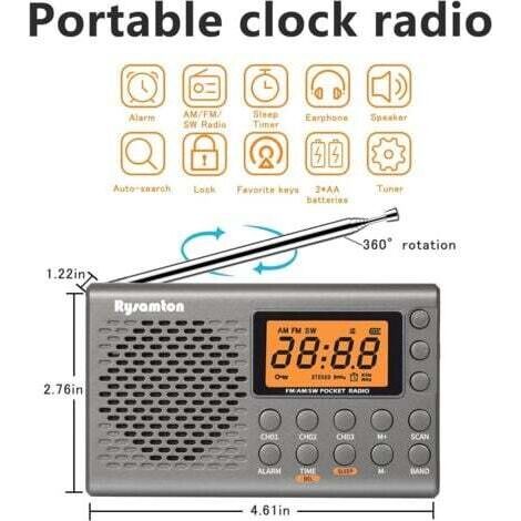 NALOOKAMIC  (Gris)Radio portable AM/FM/ondes courtes, radios de poche à piles, grand écran numérique, radio-réveil avec alarme et fonction veille, écouteurs inclus (1/4)