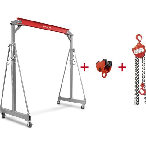 Mw Tools – Grue d'atelier mobile 2t – Hauteur réglable 2400-3600mm – Charge max 2000kg – Palan à chaînes HNSJ2060 – PTLK2SET2000