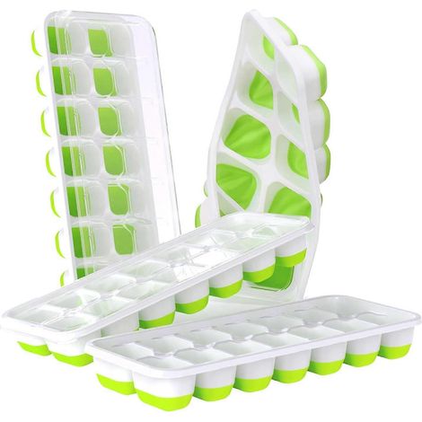 Lot de 4 bacs à glaçons, en silicone souple et facile à démouler, contenant 14 glaçons, avec couvercle amovible anti-déversement, certifiés LFGB et sans BPA, pour cocktails. (1/5)